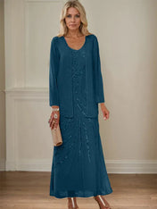 Sheath/Column V-Neck Ankle-Length Mother of the Bride Dresses with Jacket & Sequins