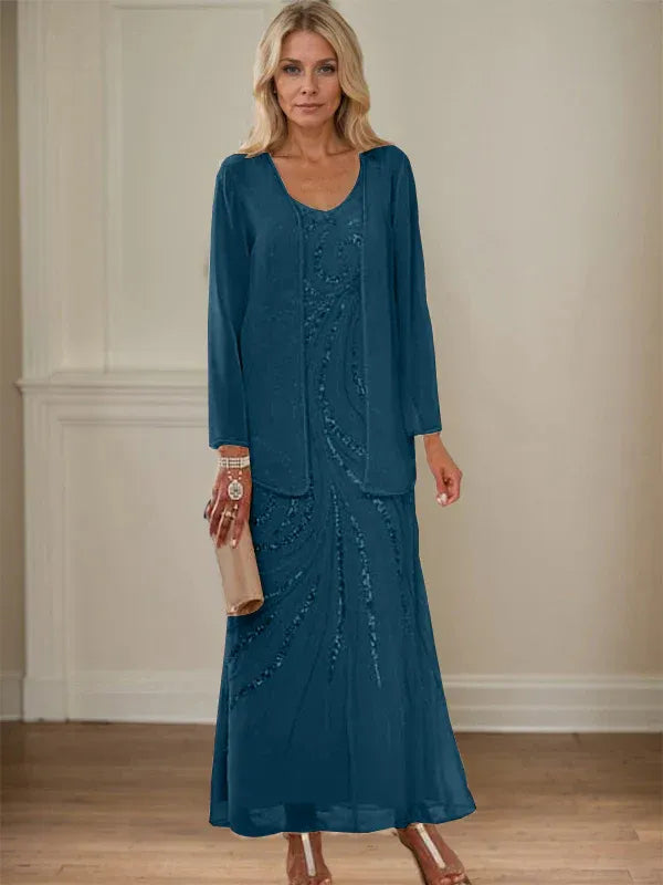 Robe de mère de la mariée fourreau/colonne, col en V, longueur cheville, avec veste et paillettes 