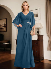 Robe de mère de la mariée fourreau/colonne, col en V, longueur au sol, en mousseline, avec paillettes plissées et perles 