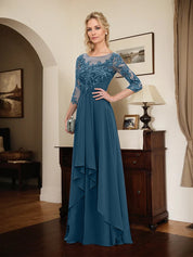 Robe de mère de la mariée trapèze en mousseline de soie et dentelle, longueur au sol, avec volants en cascade 