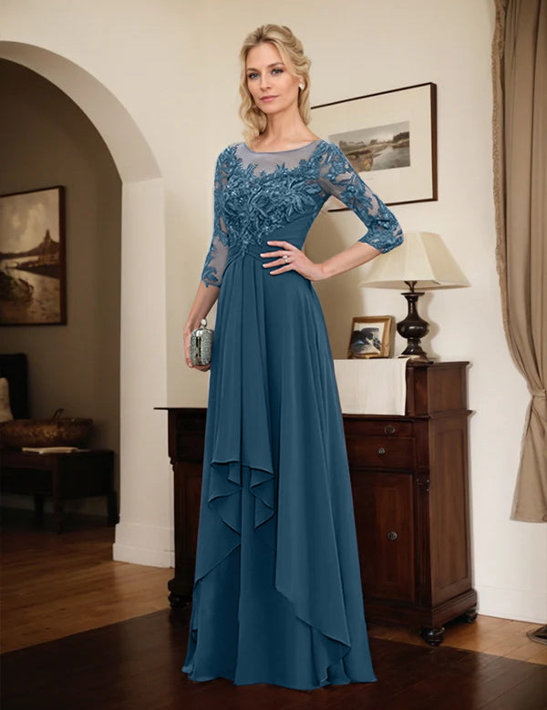 Robe de mère de la mariée trapèze en mousseline de soie et dentelle, longueur au sol, avec volants en cascade 