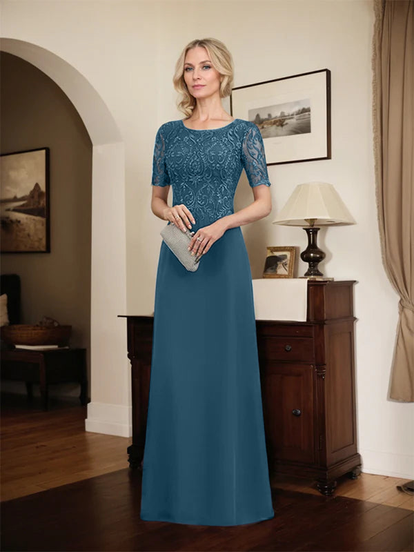 A-line Scoop Floor-Length Lace Chiffon Mother of the Bride Dress With Sequins