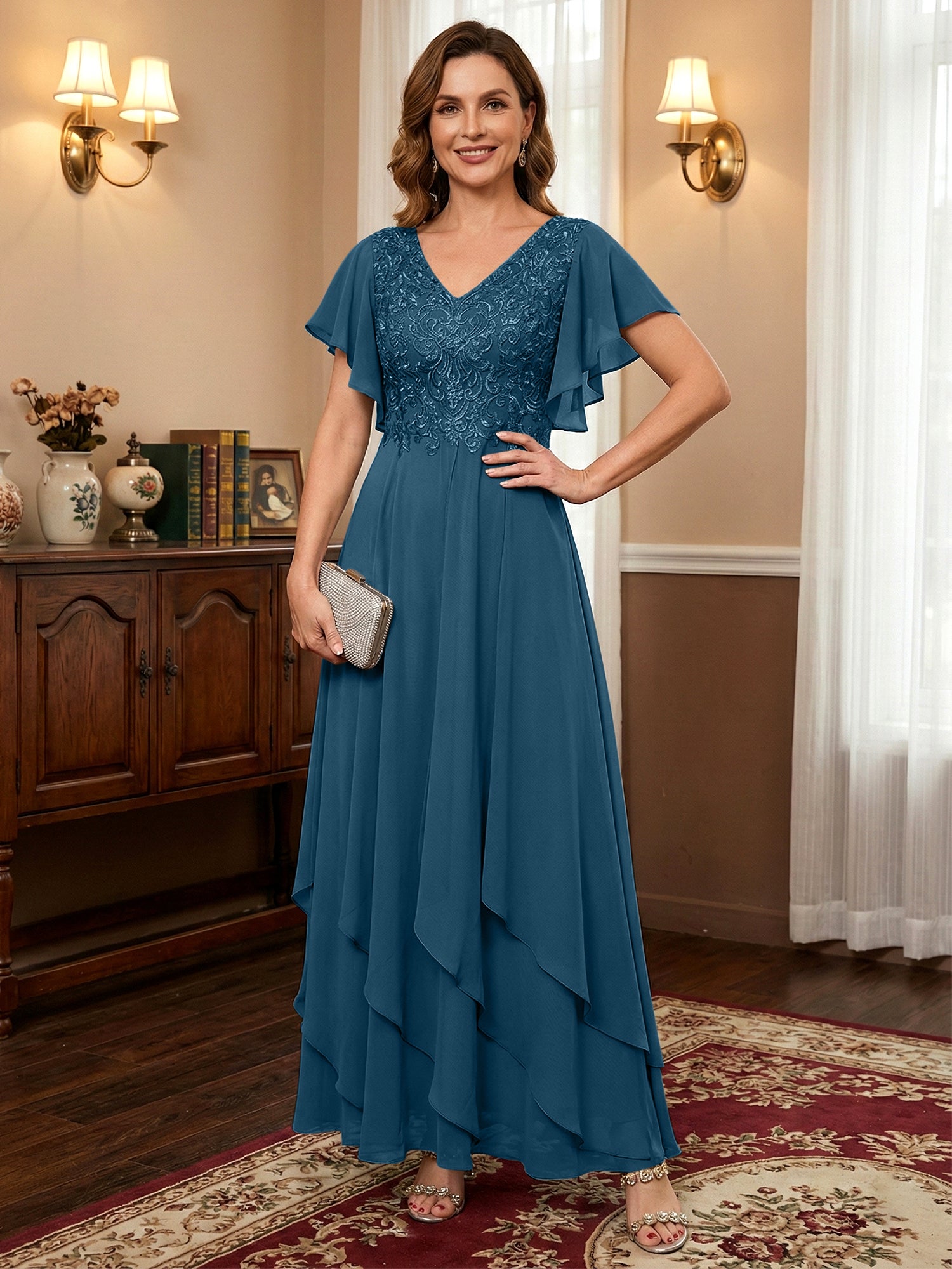 A-line V-Neck Ankle-Length Lace Chiffon Mother of the Bride Dress With Cascading Ruffles