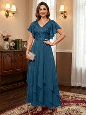 A-line V-Neck Ankle-Length Lace Chiffon Mother of the Bride Dress With Cascading Ruffles