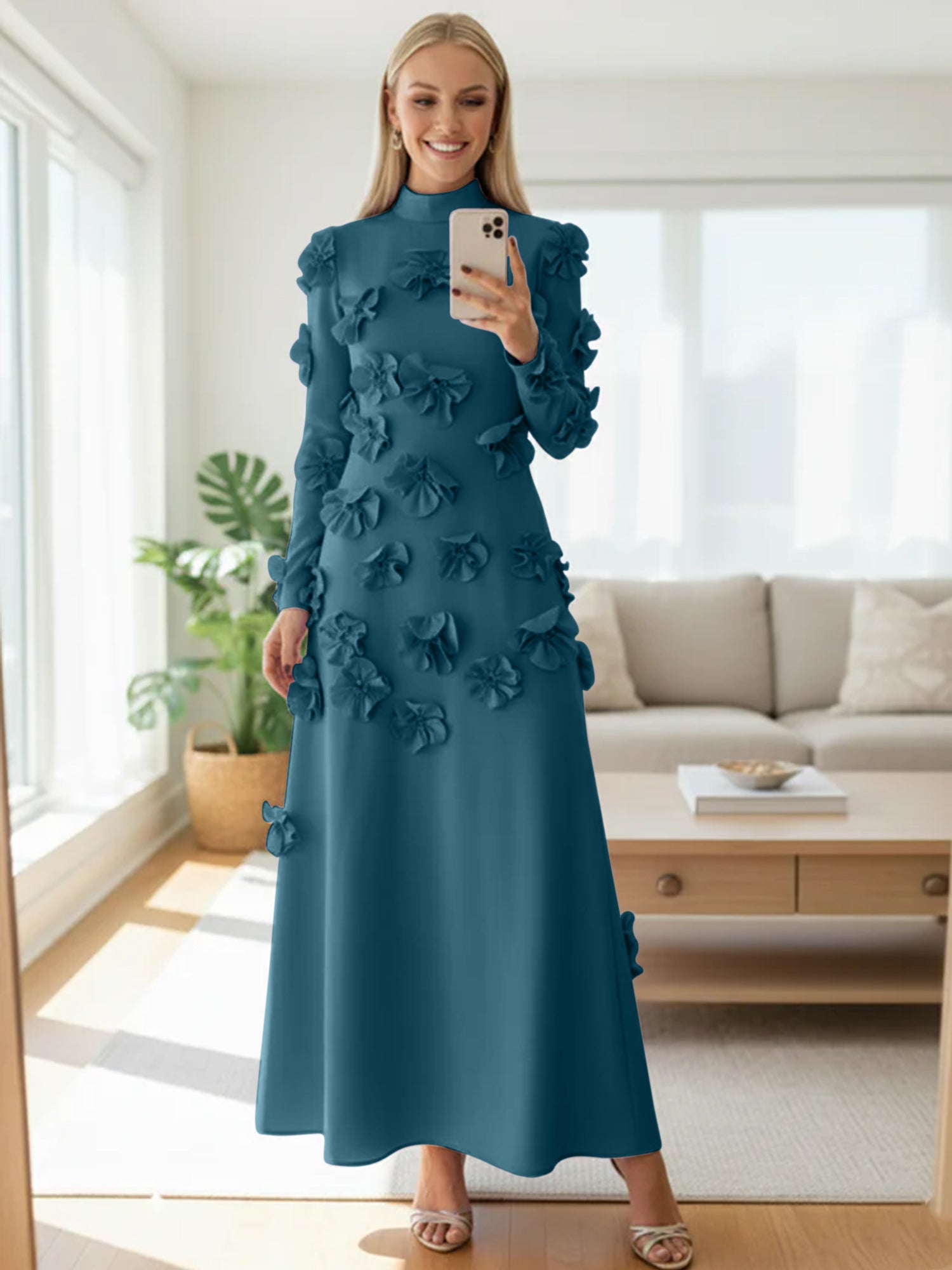 A Line High Neck Long Sleeves Floor Length Stretch Crepe Dress With 3D Flowers