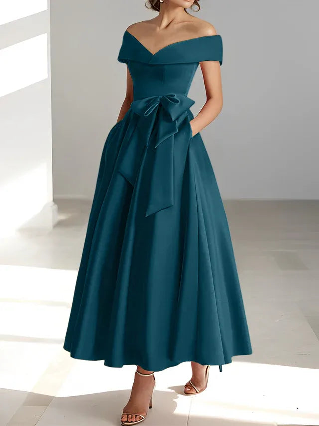 Princess Off-the-Shoulder Sleeveless Ankle-Length Mother of the Bride Dresses with Pockets