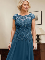 Ink Blue A-line Scoop Illusion Floor-Length Lace Chiffon Mother of the Bride Dress With Sequins