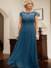 Ink Blue A-line Scoop Illusion Floor-Length Lace Chiffon Mother of the Bride Dress With Sequins