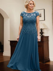 Ink Blue A-line Scoop Illusion Floor-Length Lace Chiffon Mother of the Bride Dress With Sequins
