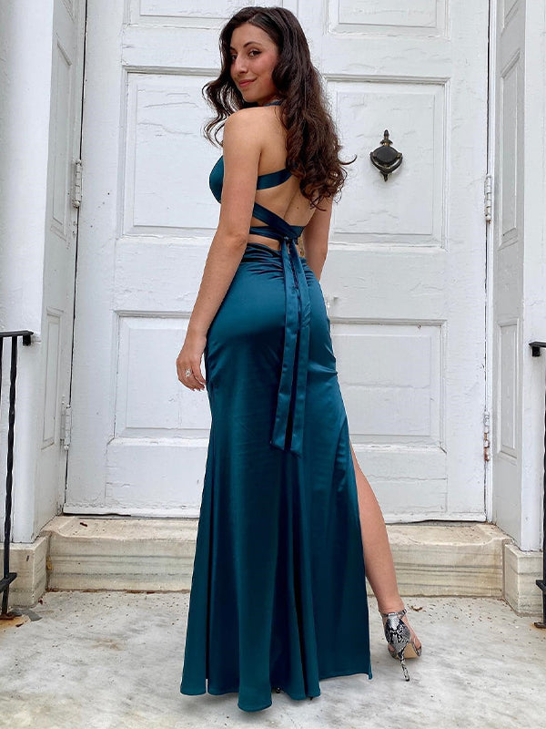 Ink Blue Mermaid V-Neck Criss-Cross Back Long Prom Dress