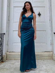 Ink Blue Mermaid V-Neck Criss-Cross Back Long Prom Dress