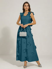 Chic White 3D Flowers A-Line Floor Length Stretch Crepe Dress with Pockets Maxi Dress