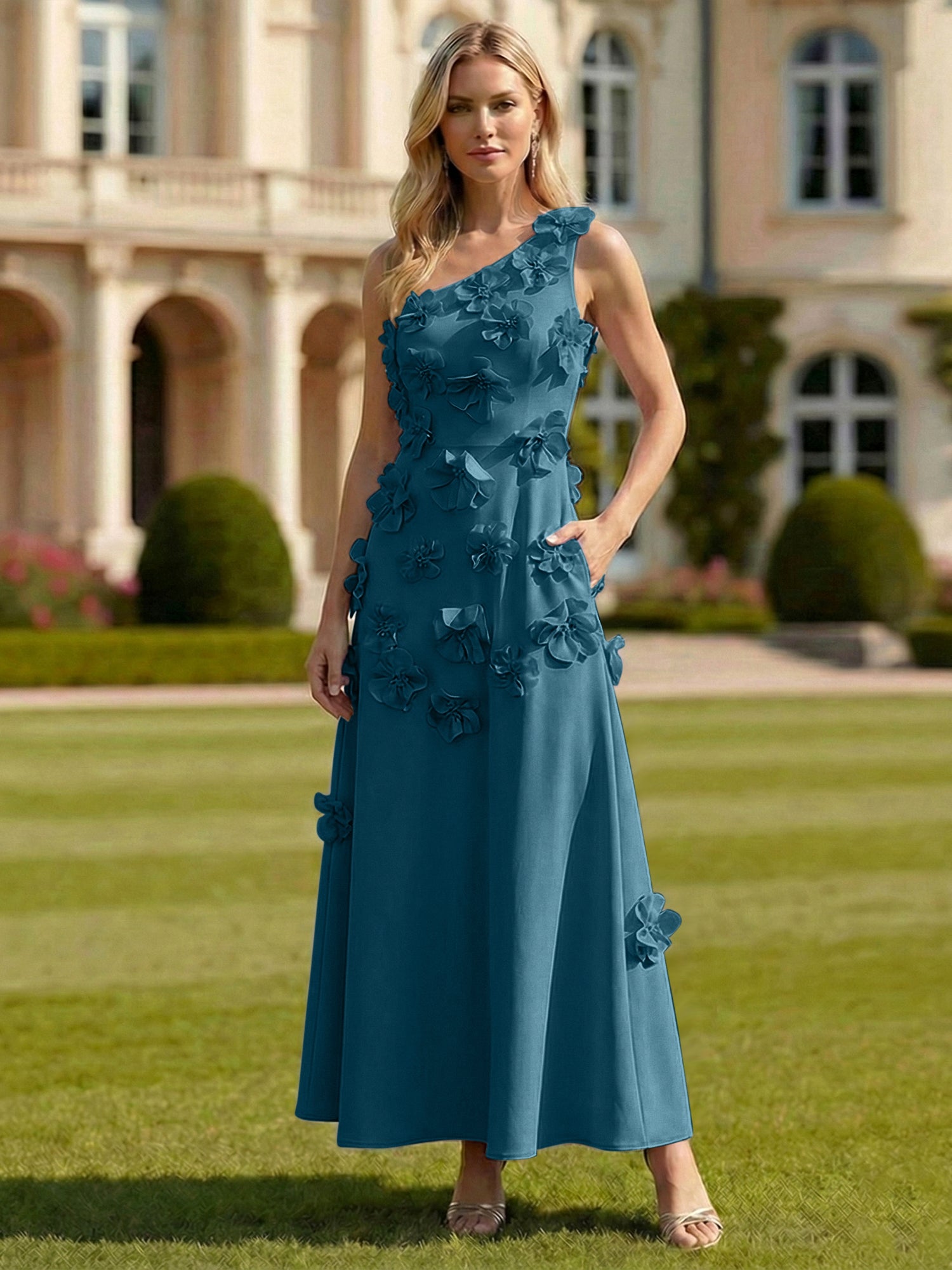 A Line One Shoulder Sleeveless Floor Length Stretch Crepe Dress With 3D Flowers