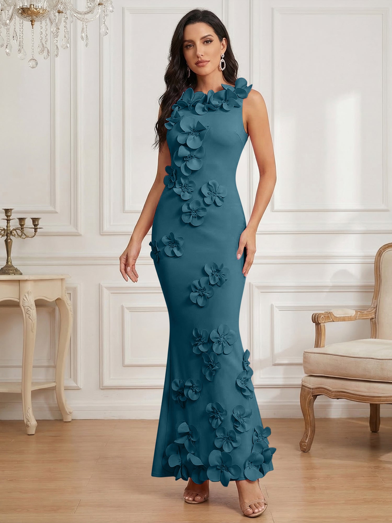 Romantic Pink Sleeveless 3D Floral Mermaid Gown