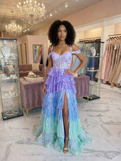 Iridescent Lavender Off-the-Shoulder A-Line Prom Dress with Thigh Slit