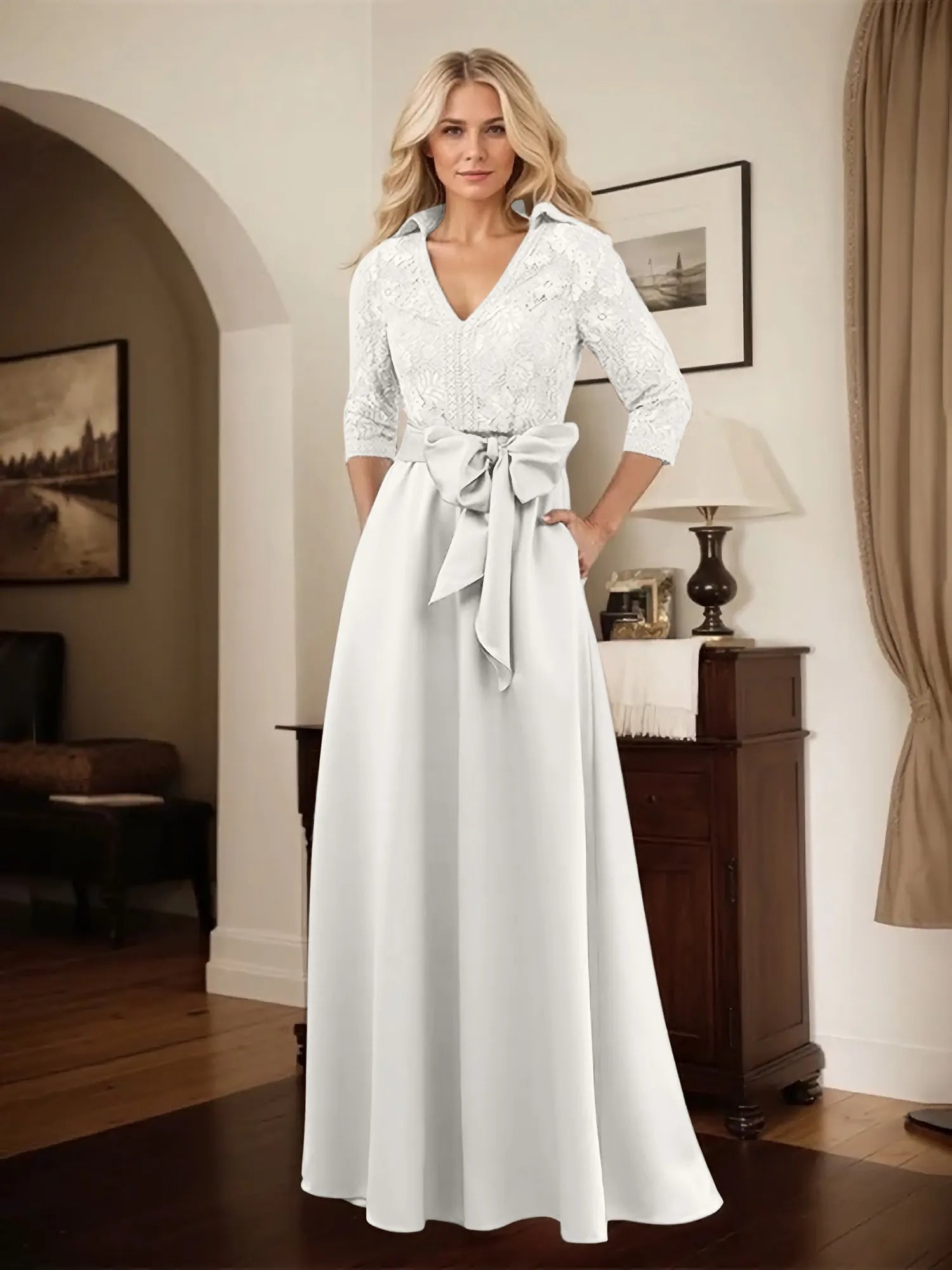 Classic V-Neck Bow Accented Satin Mother Of The Bride Dress With Lace