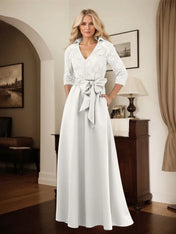 Classic V-Neck Bow Accented Satin Mother Of The Bride Dress With Lace