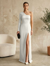 Long Sleeves Black One Shoulder Formal Dress Evening Gown
