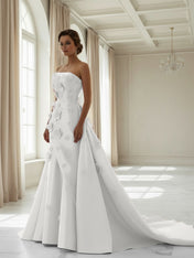 Pink A Line Satin Strapless Prom Dress with 3D Floral Appliques