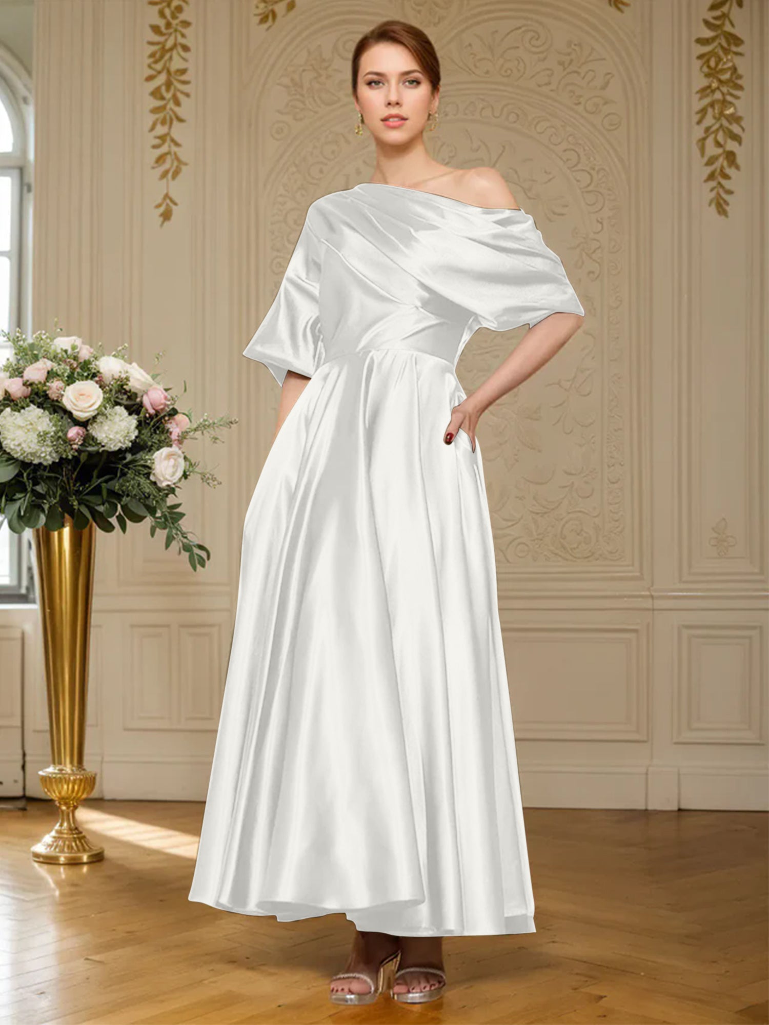 A-line Short Sleeves Pleated Ankle-Length Silk like Satin Mother of the Bride Dress