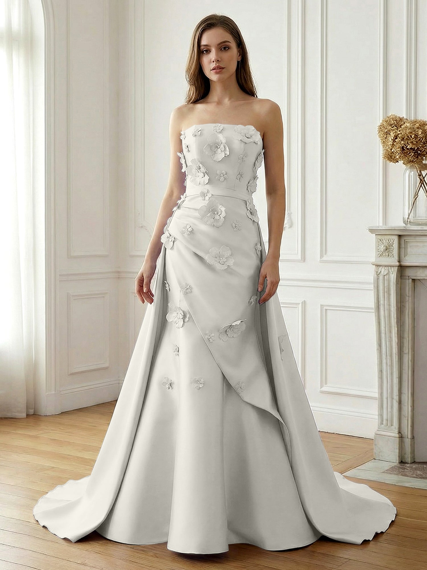 Lavender Satin 3D Floral Strapless A-Line Gown