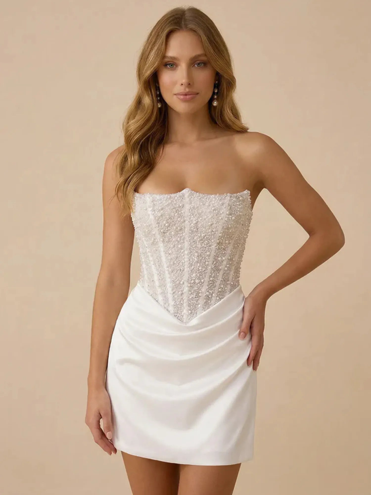 White Strapless Sequin Beaded Satin Short Homecoming Dress with Corset