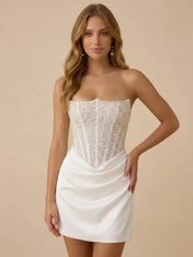 White Strapless Sequin Beaded Satin Short Homecoming Dress with Corset