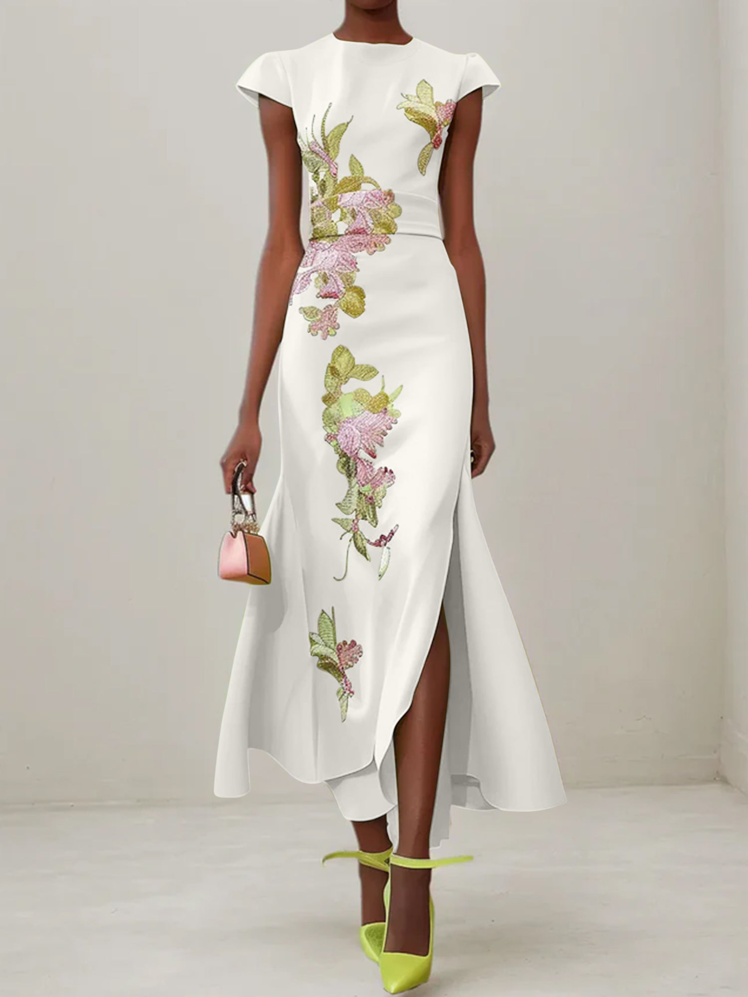 Green Floral Embroidered Cap Sleeve Slit Sheath Maxi Dress