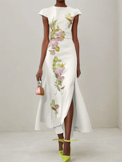 Green Floral Embroidered Cap Sleeve Slit Sheath Maxi Dress