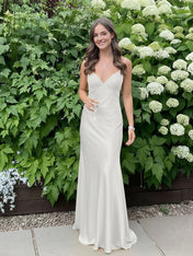 Blue A Line V-neck Beaded Back Tie Long Prom Dress