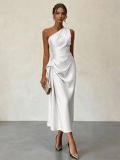 Champagne Ruched Satin One Shoulder Sleeveless Sheath Midi Dress