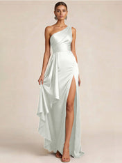 Sleek Foraml Evening Gown Midnight Navy One-Shoulder Satin Slit Maxi Dress