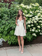 Blue A Line V-neck Beaded Back Tie Short Homecoming Mini Dress