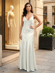 Green Appliques Soft Satin Long Prom Party Dress