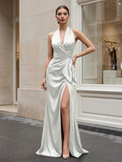 Navy Blue Halter V-Neck Satin Gown with Side Knot and High Slit Evening Dress