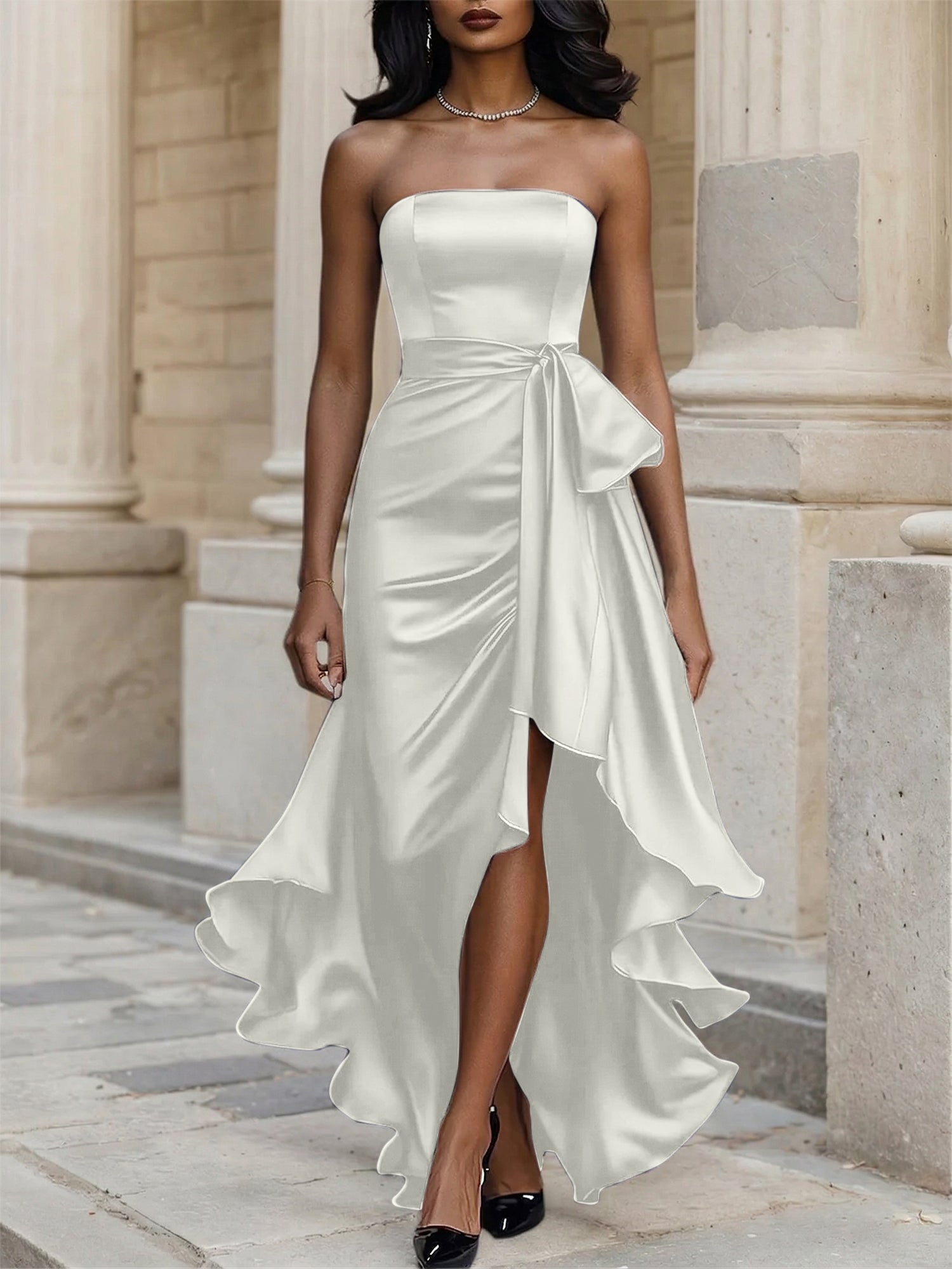 Glamorous Formal Dress Midnight Navy Strapless Satin Gown Midi Dress