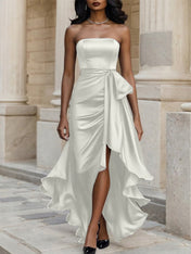 Glamorous Formal Dress Midnight Navy Strapless Satin Gown Midi Dress