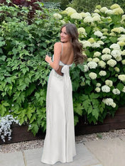 Blue A Line V-neck Beaded Back Tie Long Prom Dress