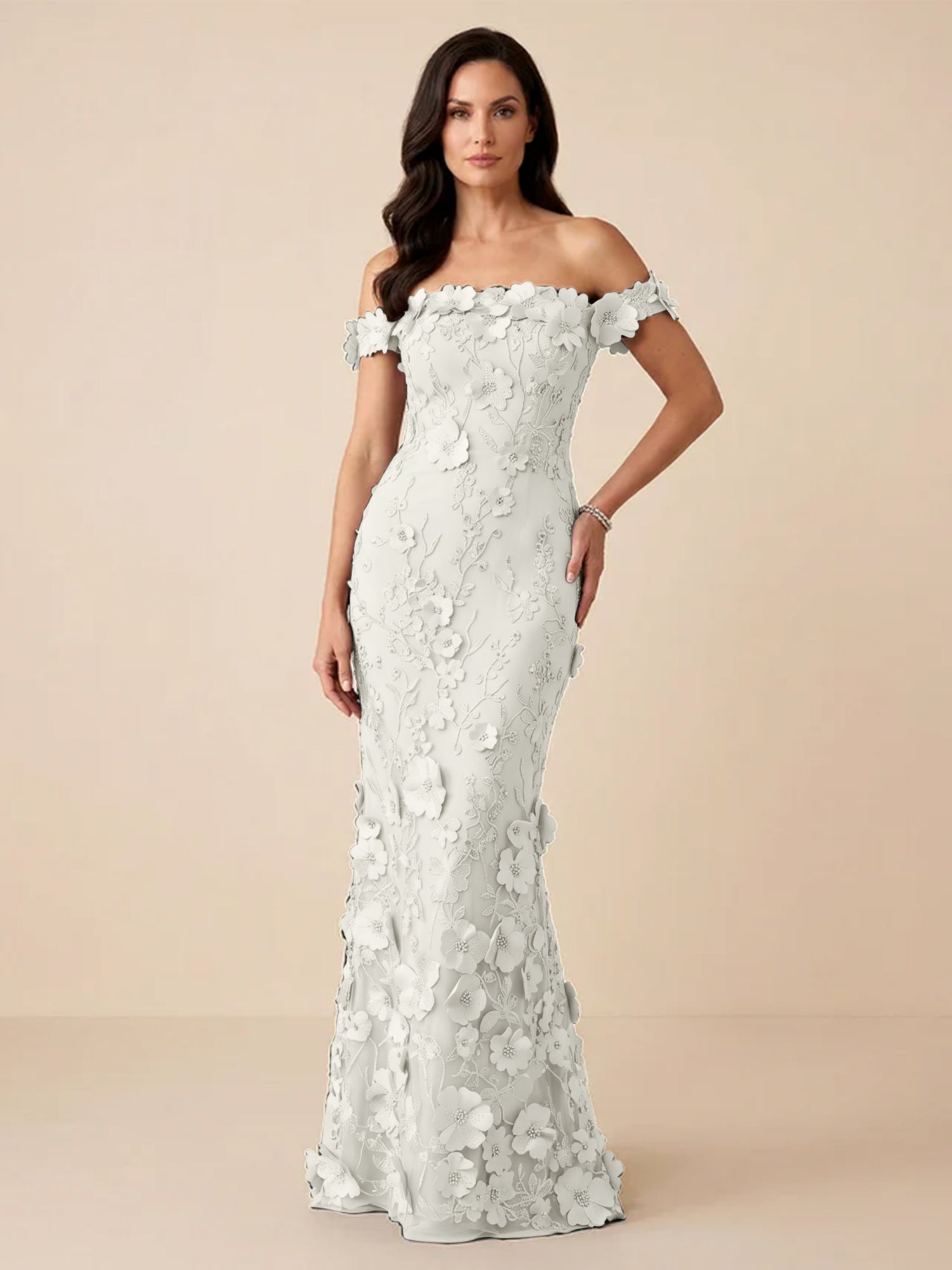 Black Off-the-Shoulder 3D Floral Mermaid Formal Gown Evening Dress