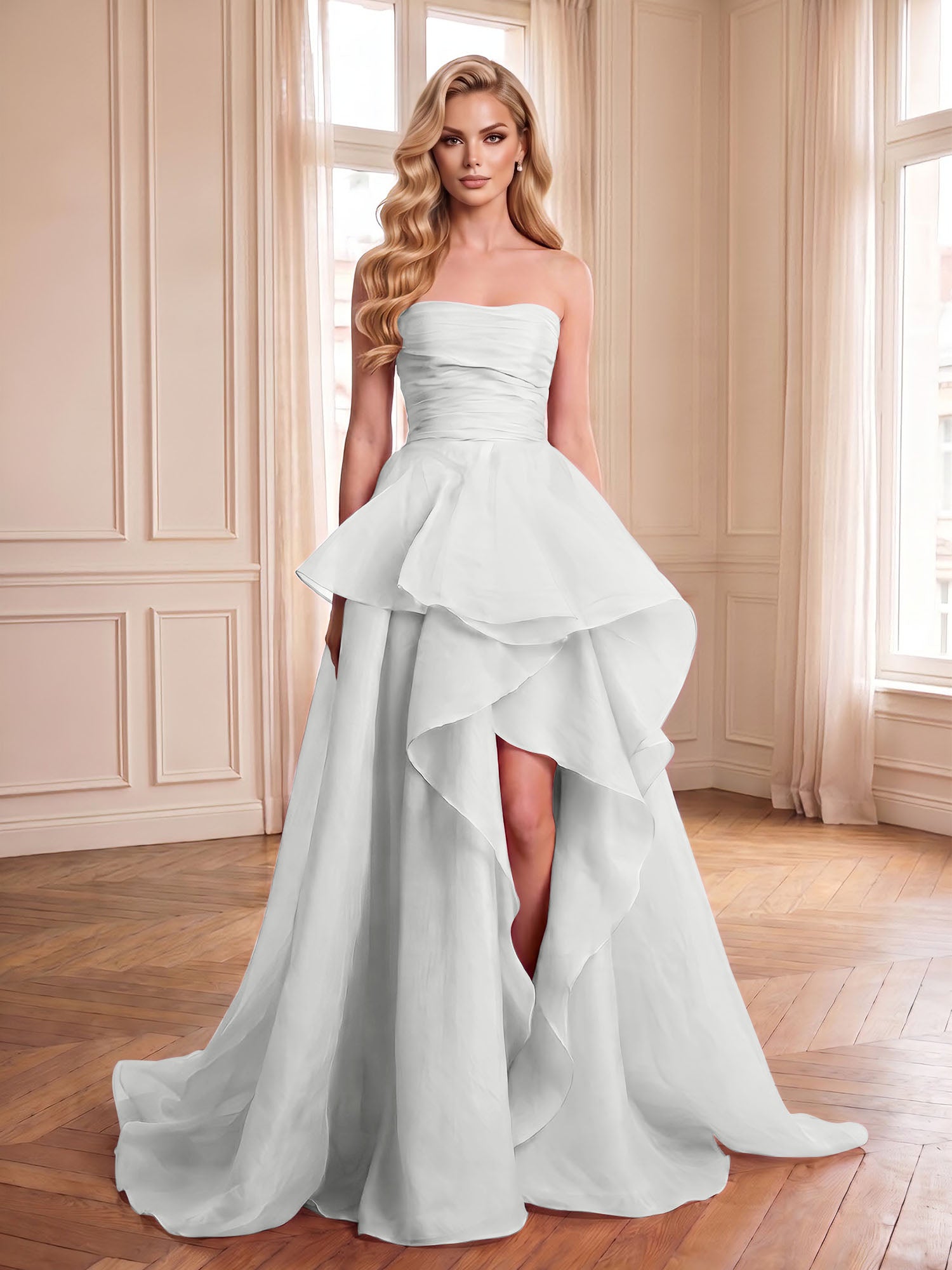 Formal Evening Tiered Dress Pink Strapless Maxi Gown