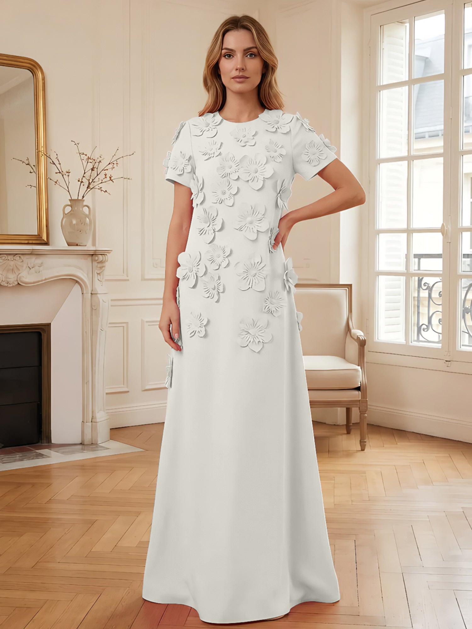 Short Sleeve Crew Neck A-Line Gown with 3D Floral Appliques Evening Dresses