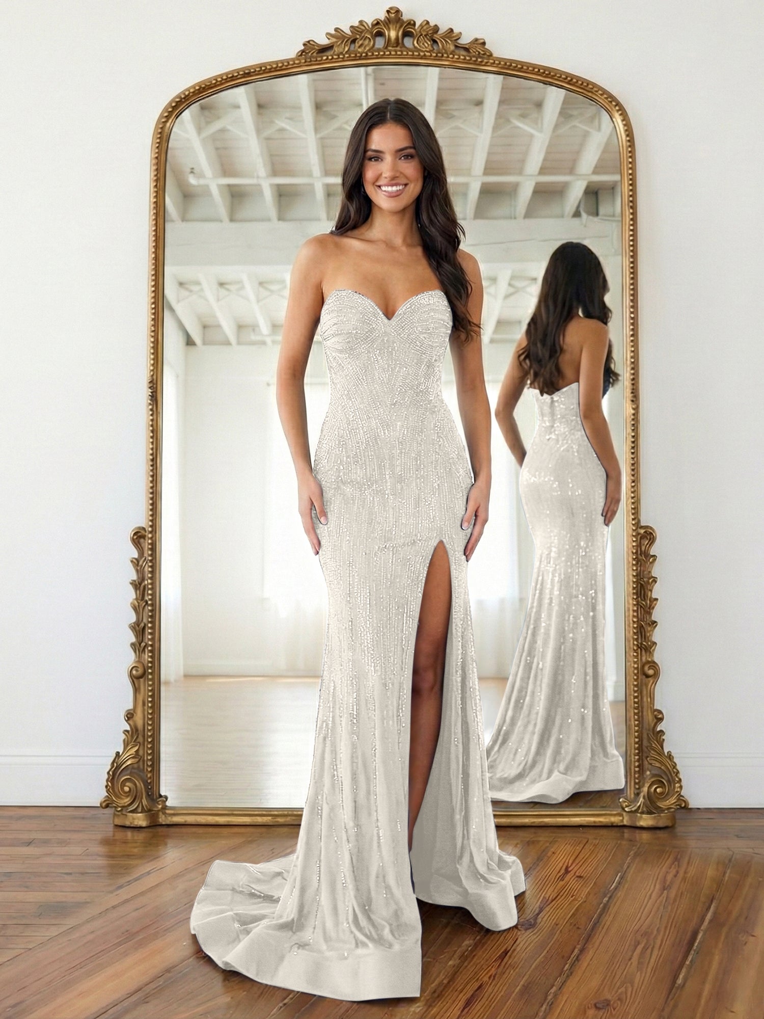 Navy Blue Strapless Sequin Prom Dress with Linear Beading