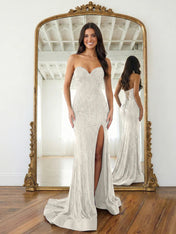 Navy Blue Strapless Sequin Prom Dress with Linear Beading