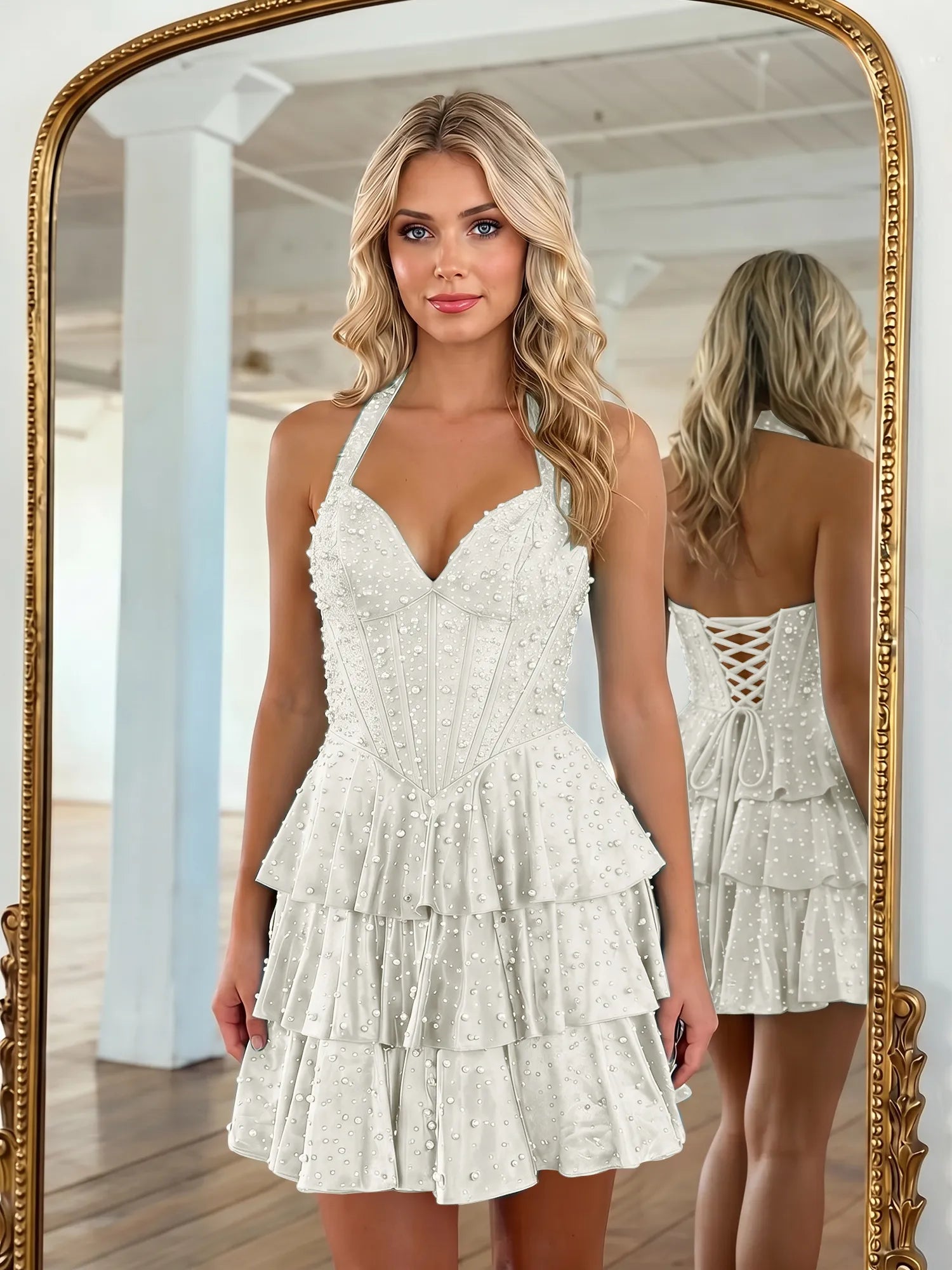 Halter Neck Pearl Beaded Tiered Short Homecoming Dresses