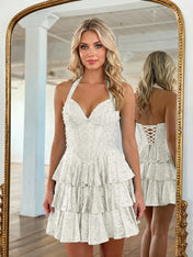 Halter Neck Pearl Beaded Tiered Short Homecoming Dresses