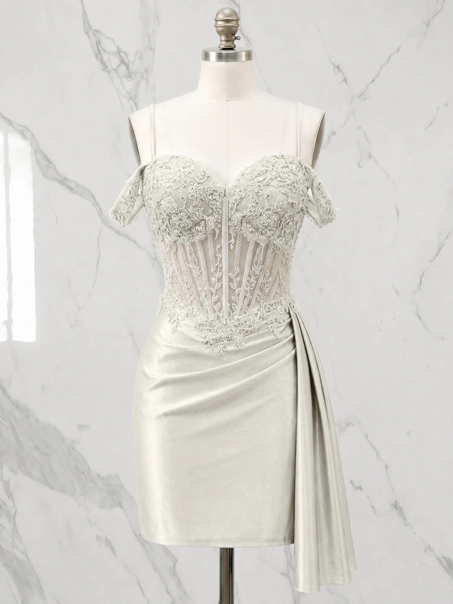Sweetheart Sheer Corset Mini Dress with Cascading Side Drape Homecoming Dresses