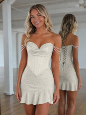 Sweetheart Neck Pearl Strap Beaded Mini Homecoming Dress