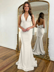 Light Blue Mermaid Halter Backless Long Prom Dress