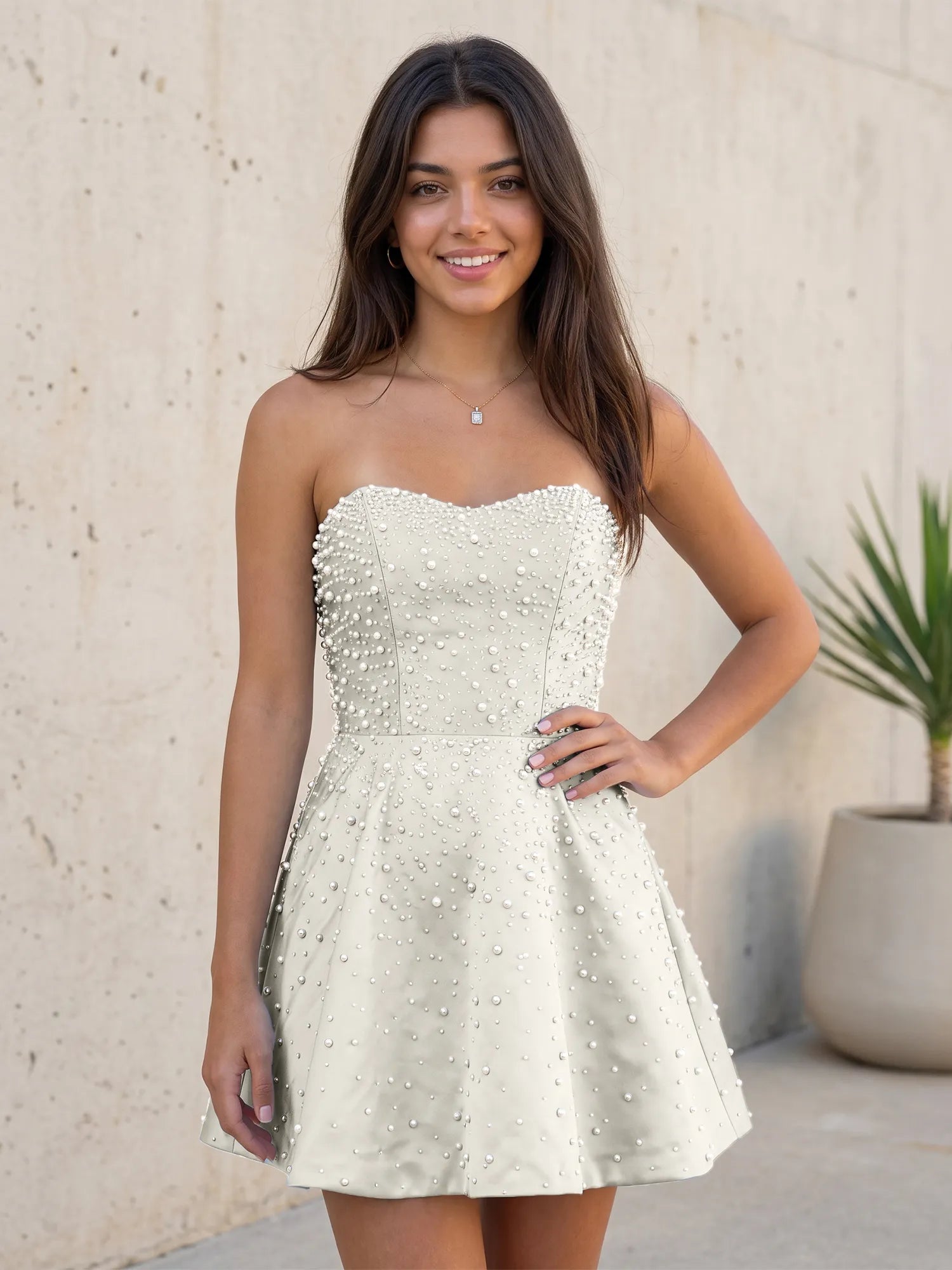 Baby Blue All Over Pearl Strapless Satin A-Line Mini Homecoming Dresses