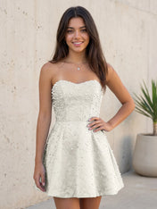 Baby Blue All Over Pearl Strapless Satin A-Line Mini Homecoming Dresses